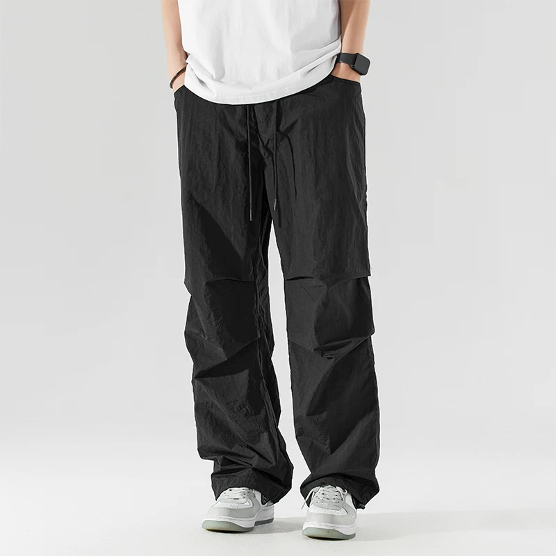 Summer New Korean Loose Casual Wide Leg Pants Men's Solid Patchwork Elastic Waist Drawstring Pocket Thin Straight Trousers 2024