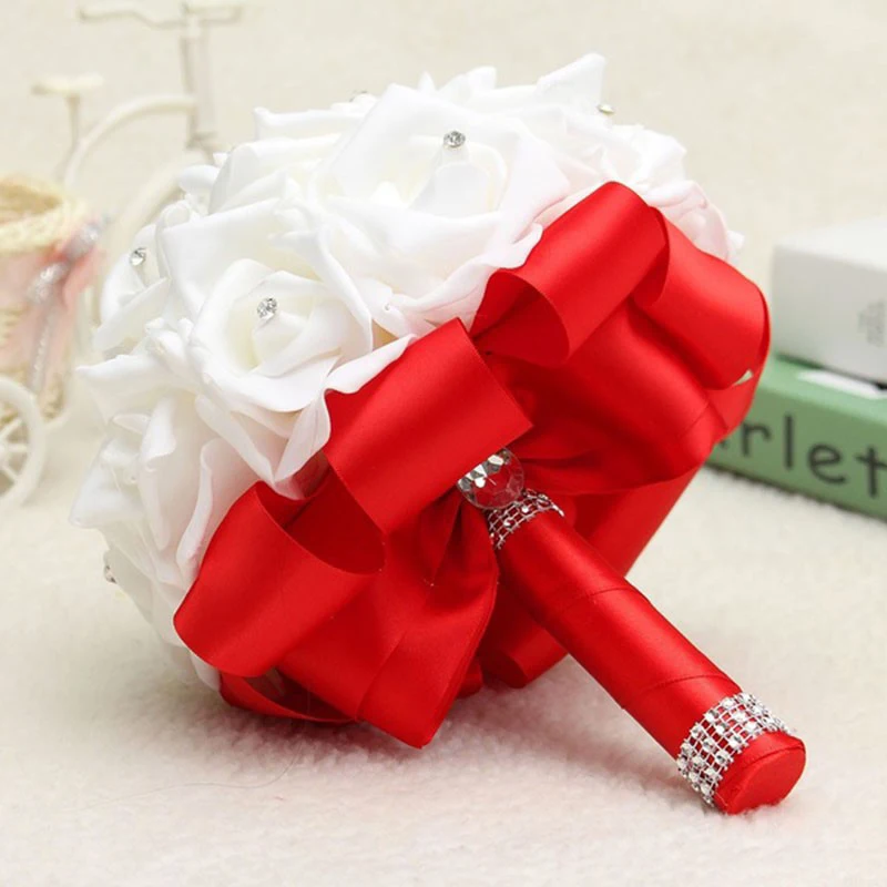 PE Rose Bridesmaid Wedding Foam flowers Rose Bridal bouquet Ribbon Fake Wedding bouquet