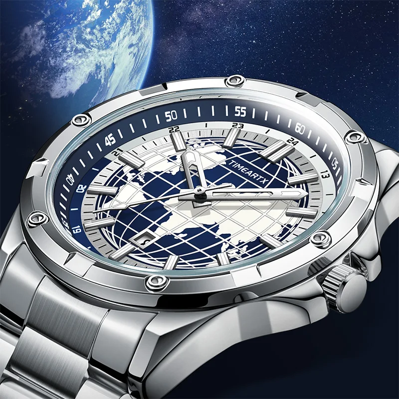 Men's Stainless Steel Waterproof Luminous Quartz Watch - World Map Dial, Military Business Style by TIMEARTX