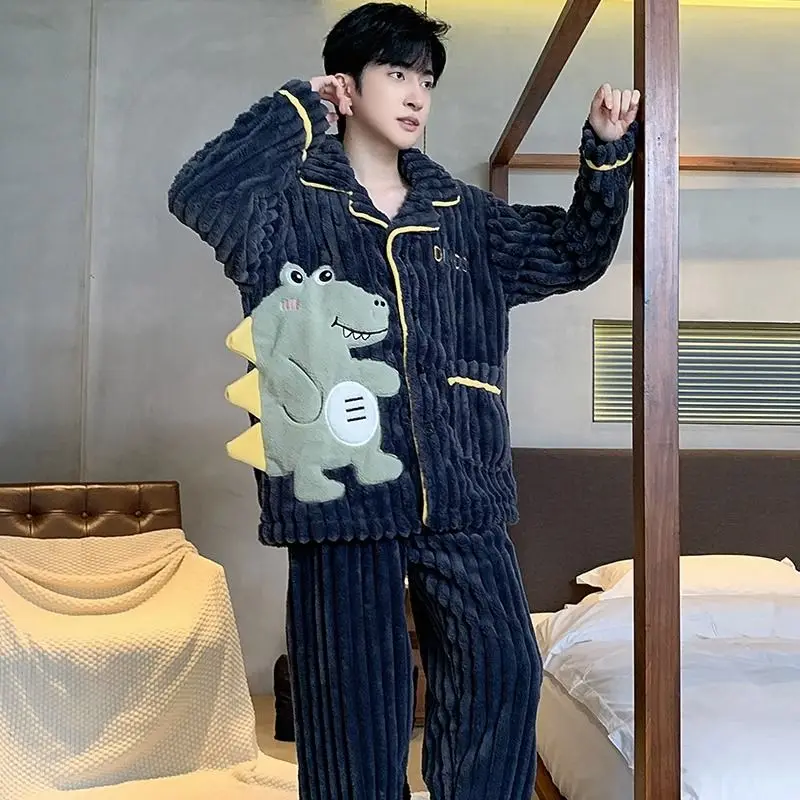 Men Coral Velvet Pajamas Winter Men Fleece-lined Thickened Thermal Flannel Homewear Youth Cartoon Casual Nightclothes Suit 2024