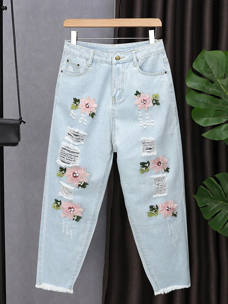 2025 New Summer High Waist Embroidered Piercing Jeans Female Fashionable and Skinny Appearance Haren Nine cropped Pants 1