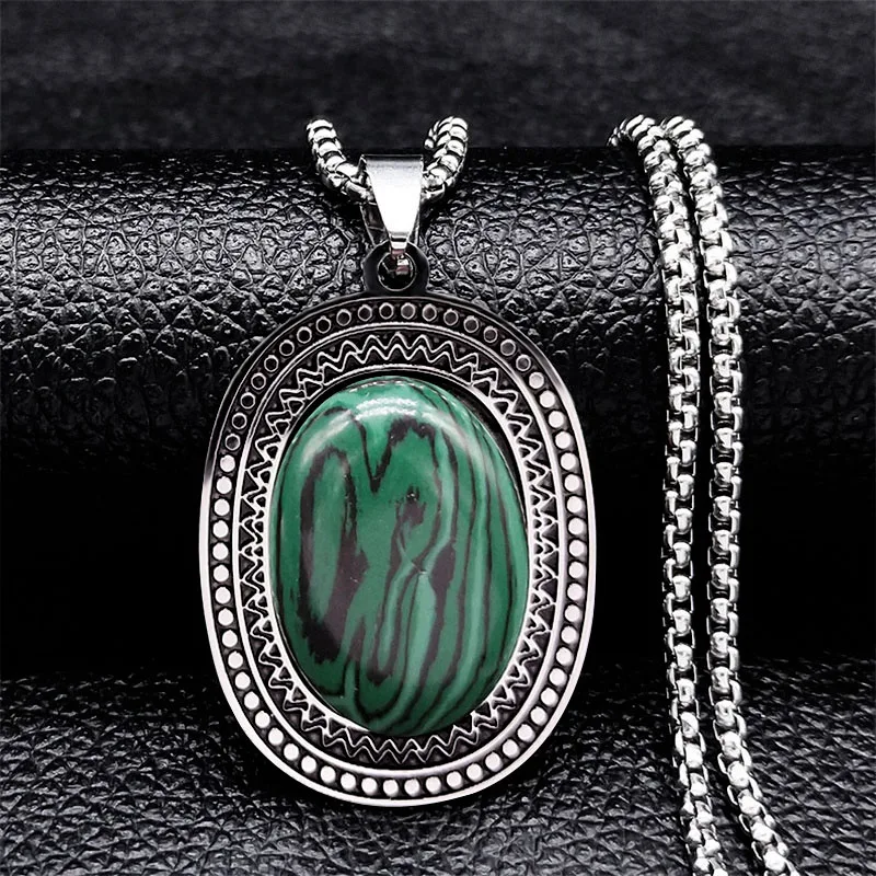 Edelstahl Boho Malachit-Stein Halsketten Kette Damen/Herren Silberfarbene Halskette Schmuck Sautoir Femme Lange Bohème N2737S04