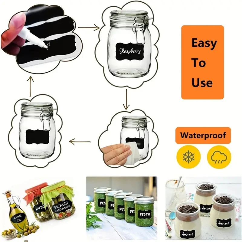 120Pcs/롤 지울 수 있는 펜이 있는 이동식 칠판 스티커 방수 칠판 라벨 가정용 주방용 병 라벨
