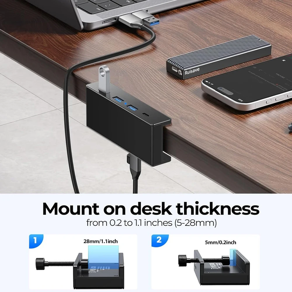 Aluminum 4-Port USB Hub with High-Speed Data Transmission and Power Supply