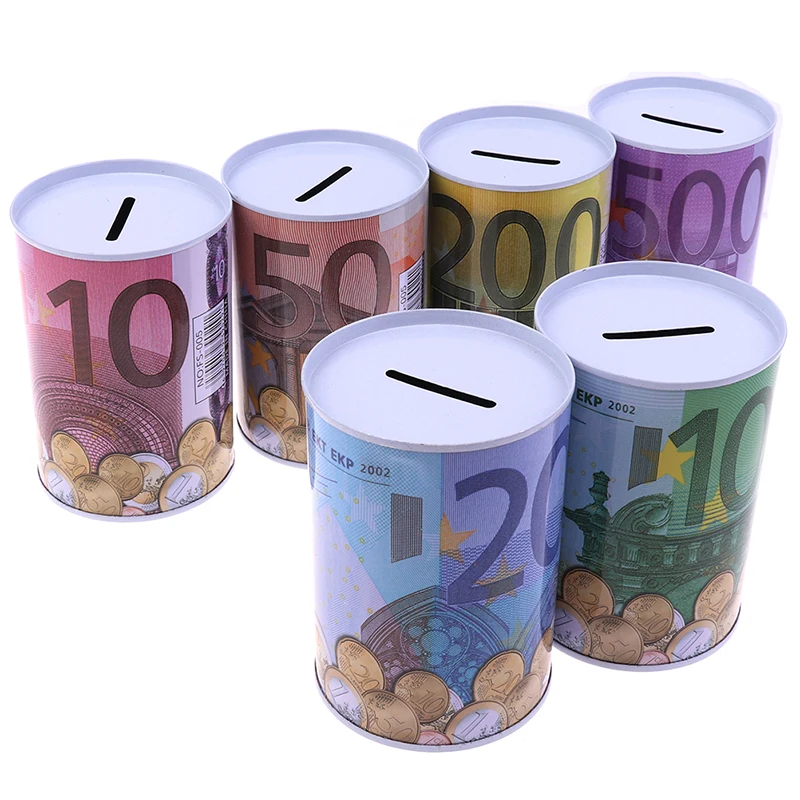 1Pc Creative Euro Dollar Metal Cylinder Bank Saving Money Box Home Decoration For Coins Deposit Storage Boxes Home Decoration 2
