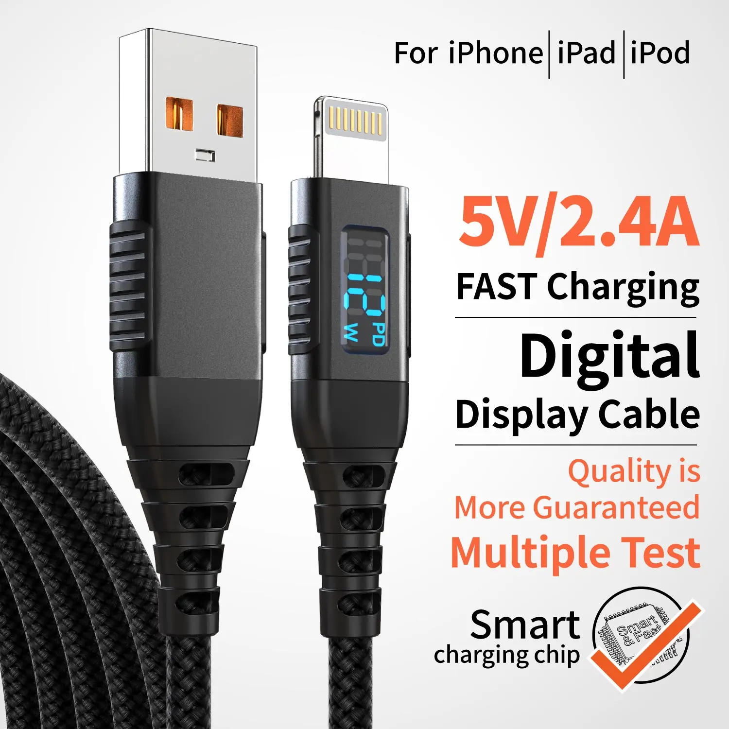 MFI 인증 12W USB-A to Lightning 케이블 고속 충전 LED 디스..