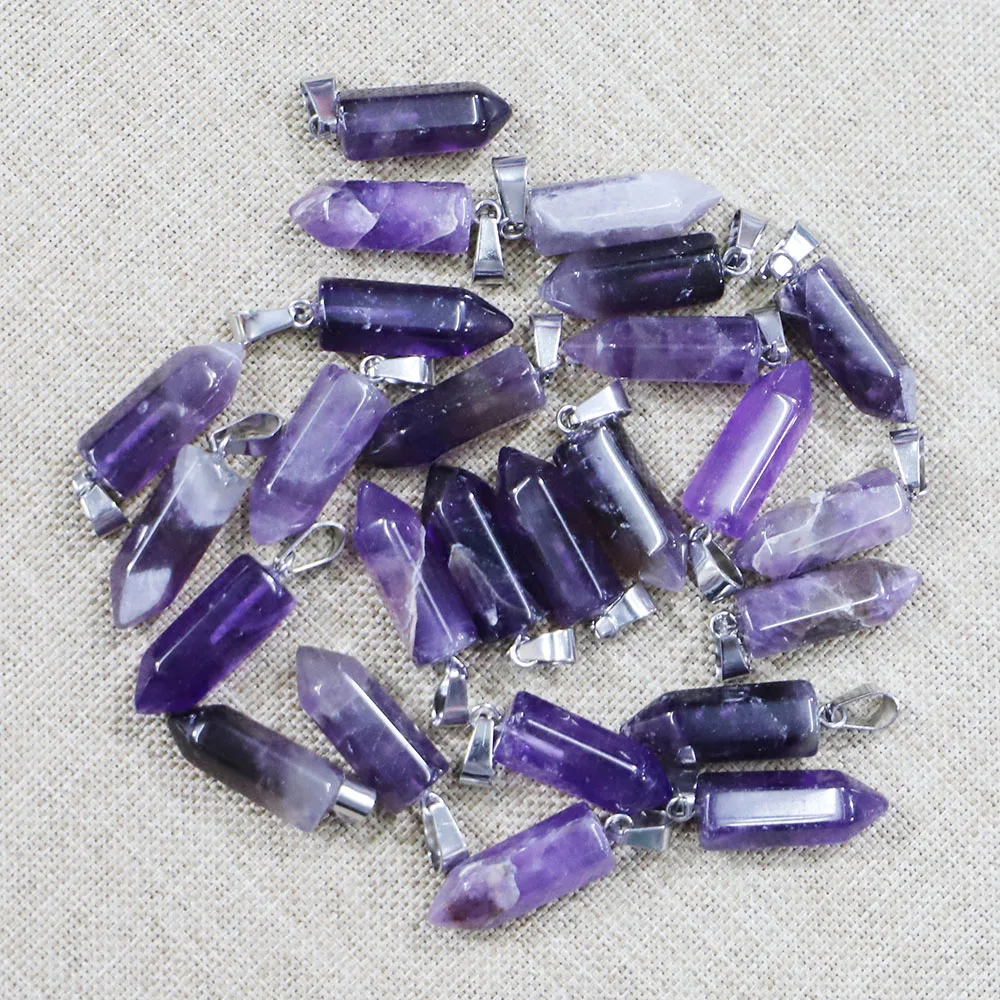 Free Shipping Natural Stone Crystal Agate Bullet Head Hexagon Pillar Necklace Pendant DIY Simple Jewelry Making Wholesale 24Pcs