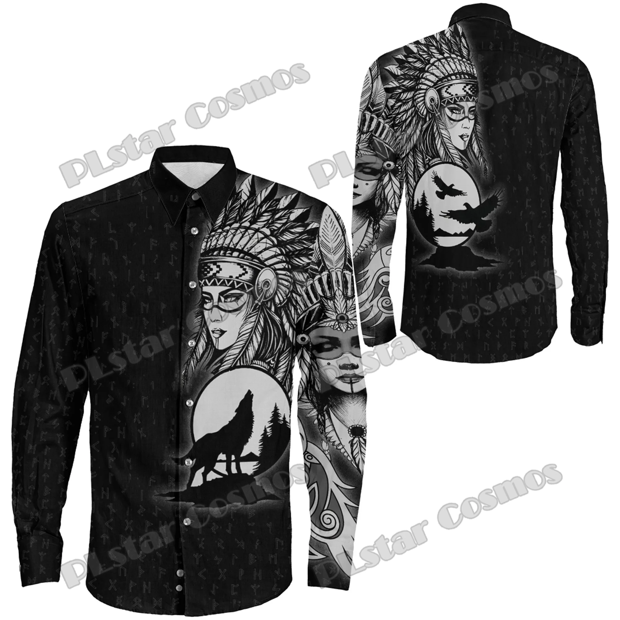 

Valkyries Moon Raven Wolf Tattoo 3D Printed Fashion Men's Long Sleeve Button Shirt Spring Mens Casual Lapel Shirt CXS59