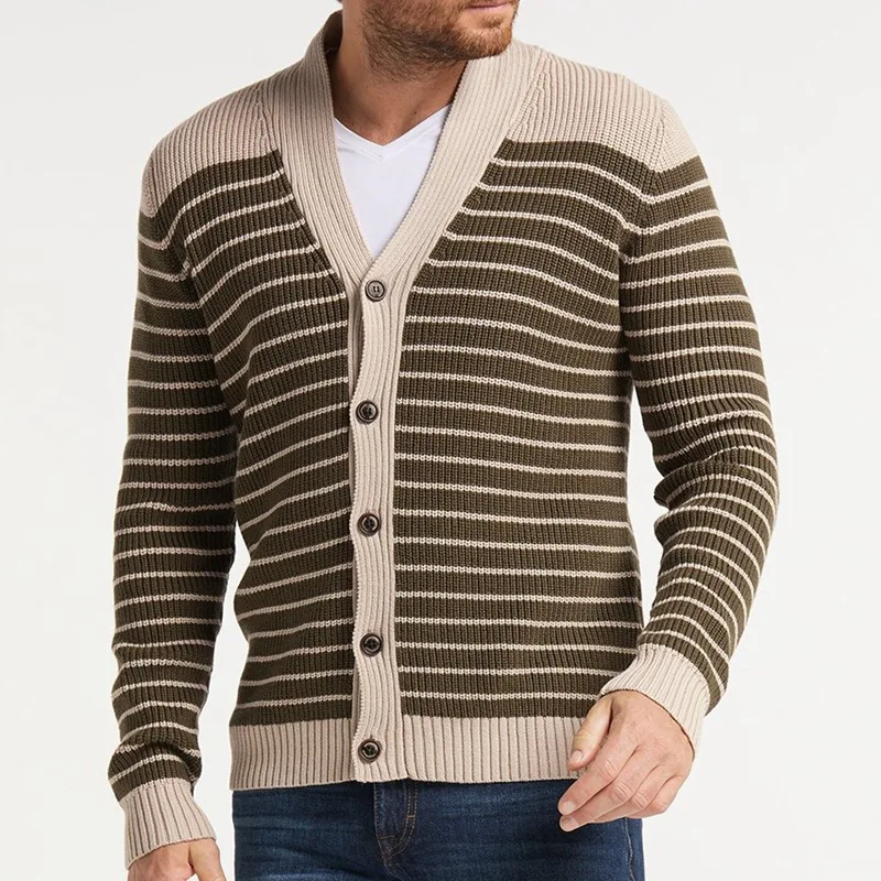 Men's Cardigan Sweater 2023 Autumn/Winter Striped V-Neck Slim Fashion Cardigan Sweater Coat
