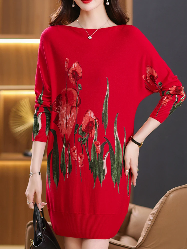 YISU 2023 Autumn Winter New Sweater Dresses Women Fashion Flower Printing Jumper Loose Long Knitted Pullover Soft Sweater Dress 6