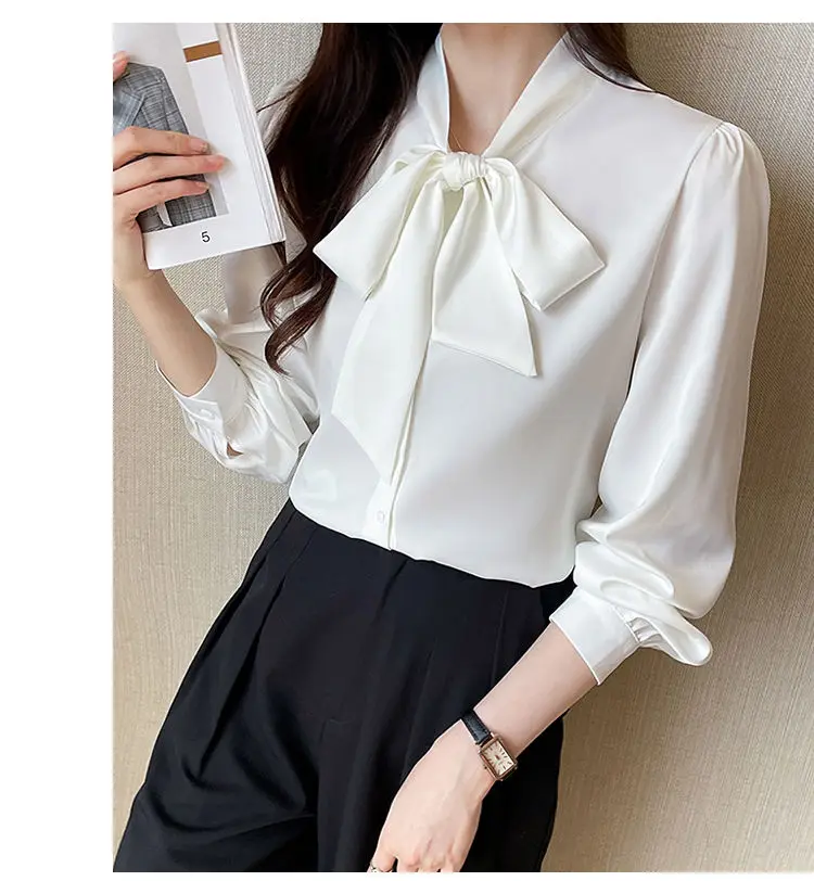 Korean Lacing Loose Solid Blouse Spring Autumn New Chiffon Long Sleeve All-match Elegant Shirt Tops Fashion Office Women Clothes