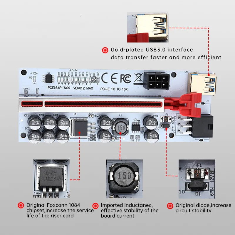 Pcie Riser Ver012 Max 012max Riser Pci Express X16 Extensor Usb3.0 Gpu Riser para Placa de Vídeo w Led para Mineração de Bitcoin Mineiro Pcs - Imagem 5