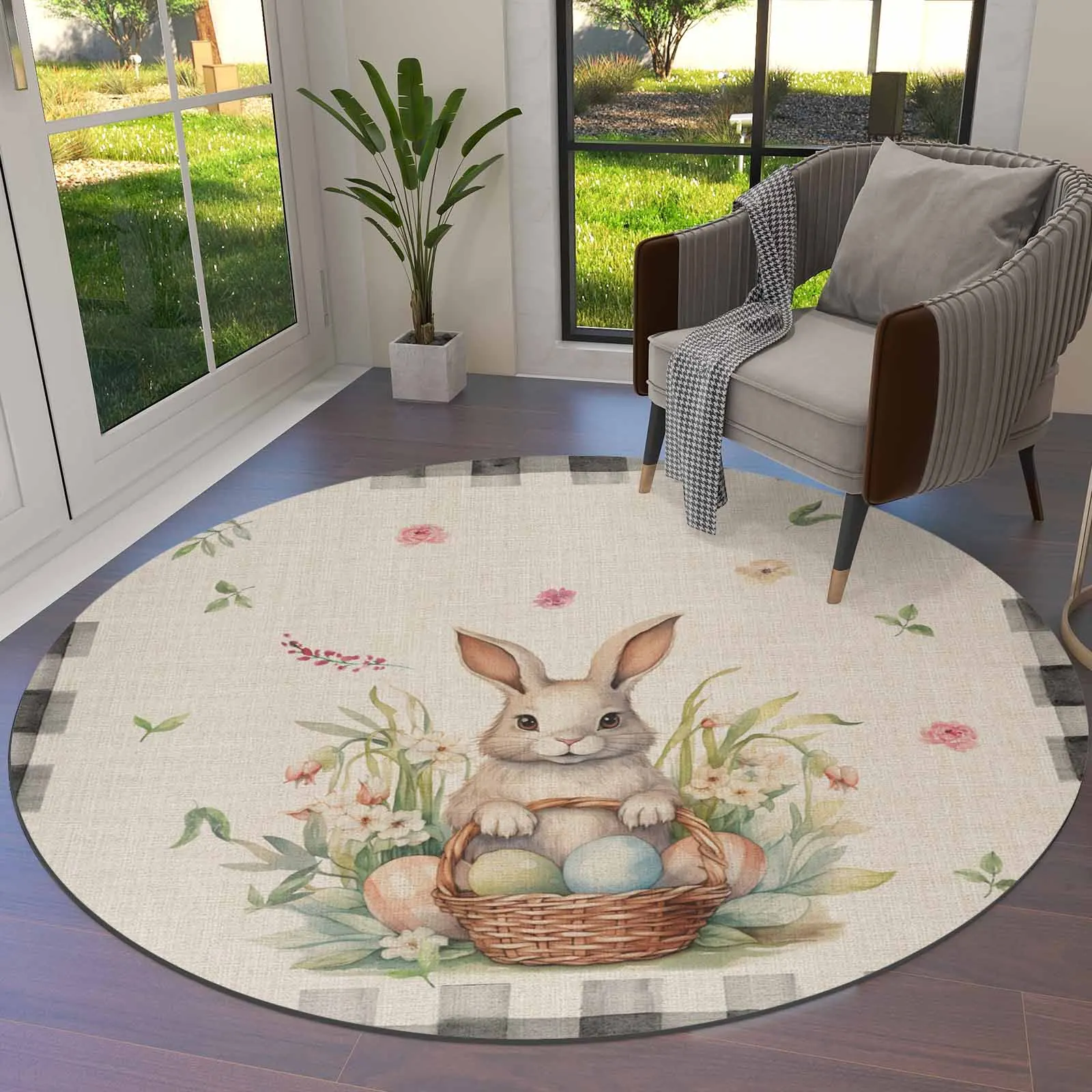 

Easter Rabbit Watercolor Plaid Pattern Round Area Rug Carpets For Living Room Large Mat Home Bedroom Kid Room Decoration