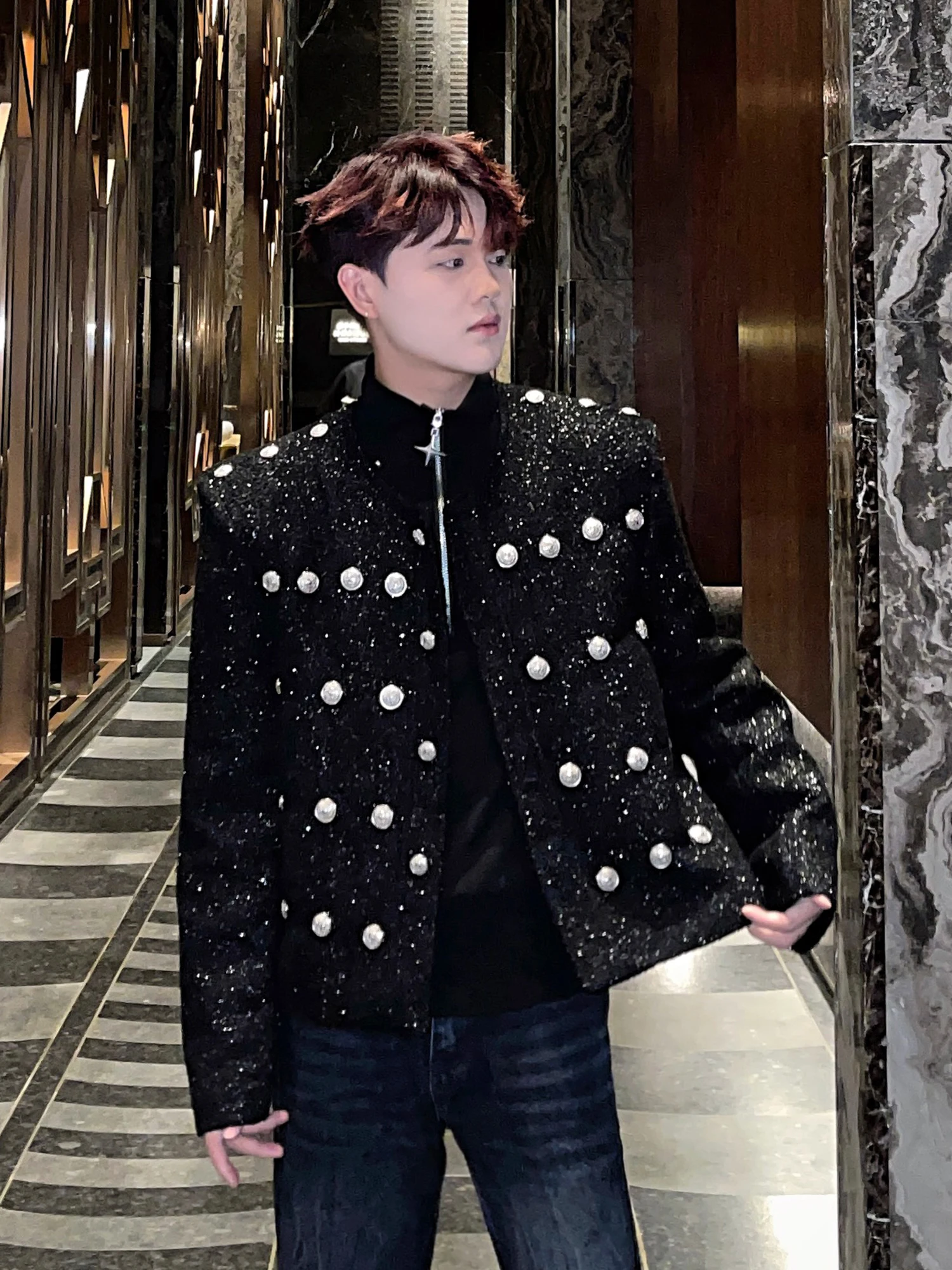 Trendy Male Chic Black Small Fragrant Short Coats Men's 2024 Autumn Winter New Jackets Small Sequins Multi-button Design Jacket 4