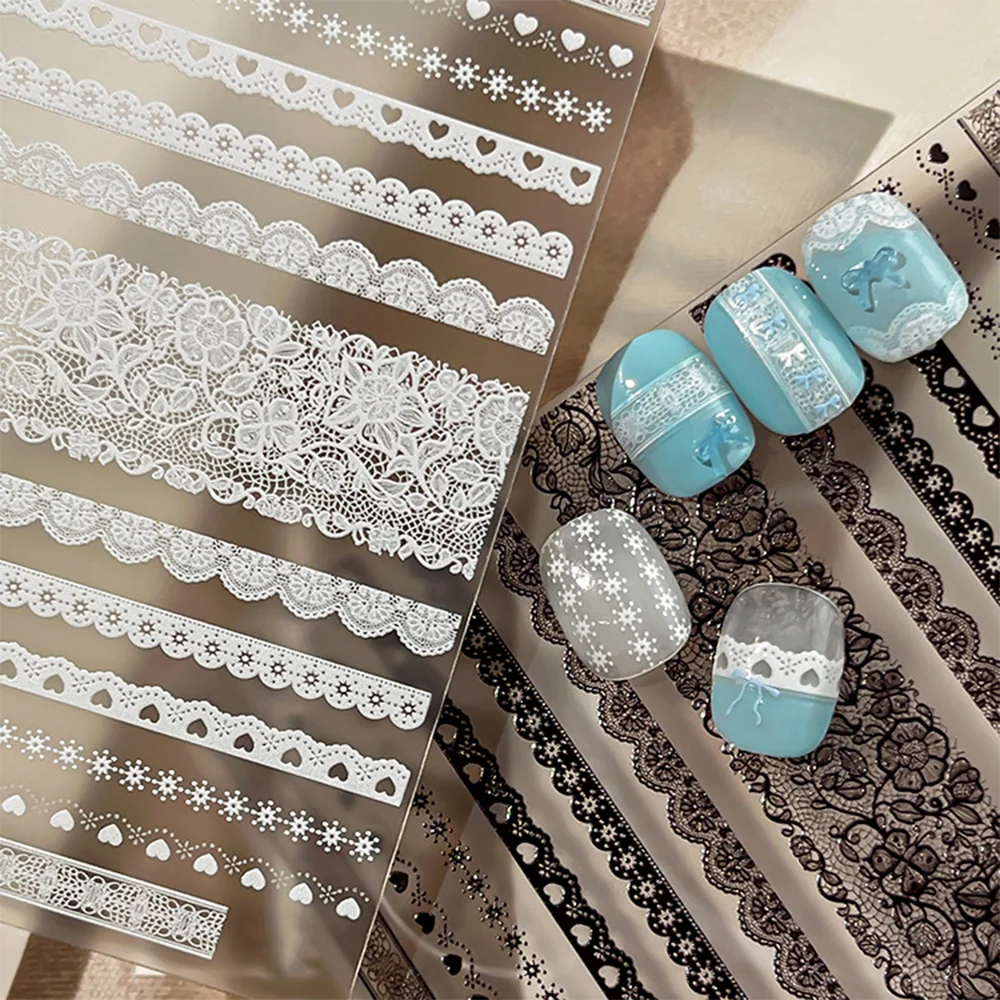 5D 블랙 화이트 레이스 하트 웨이브 라인 네일 스티커 섹시 레이스 플라워 디자인 네일 데칼 셀프 접착 웨딩 프렌치 매니큐어 데코