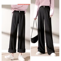 2024 Autumn Winter Women Concise Woolen Pants Lady Wide Leg Designer Outside Trousers Female Thicken High Waisted Draping Pants - Image 3