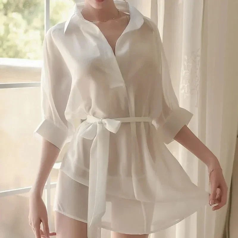 

Silk Pajamas Women'S Cotton Summer Sexy Shirts Sweet Mid-Length Nightdresses Loose And Sweet Korean Style Kawaii Home Clothes