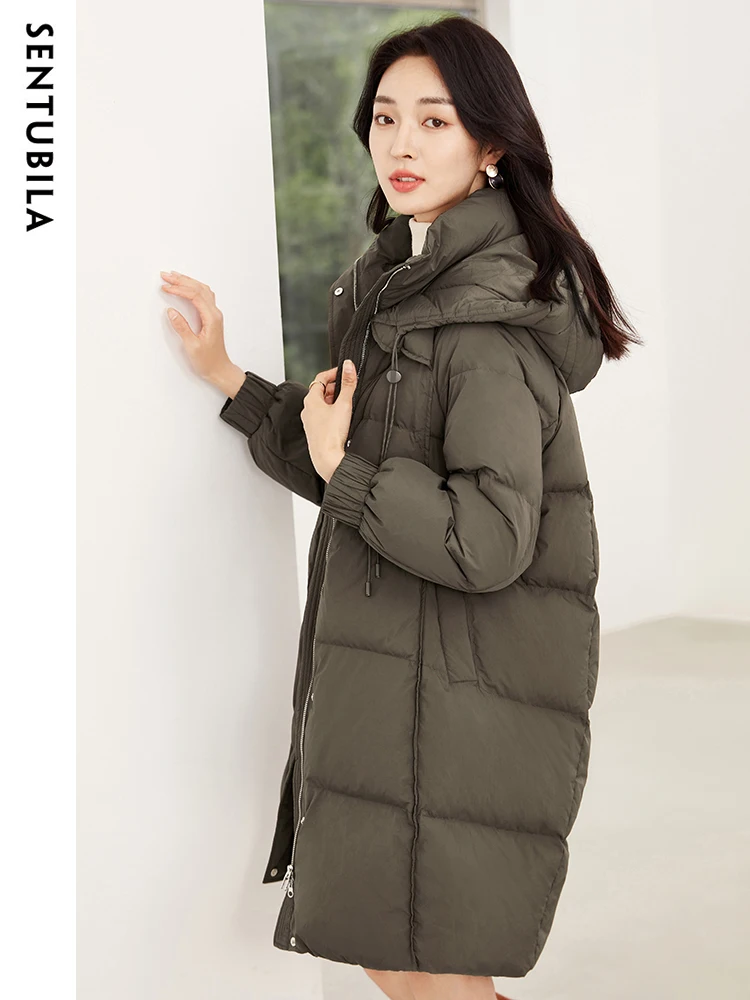 SENTUBILA Women's Hooded White Duck Down Jacket Winter 2023 Fashion Mid Length Down Coat Loose Windproof Warm Outwears W34Y49747