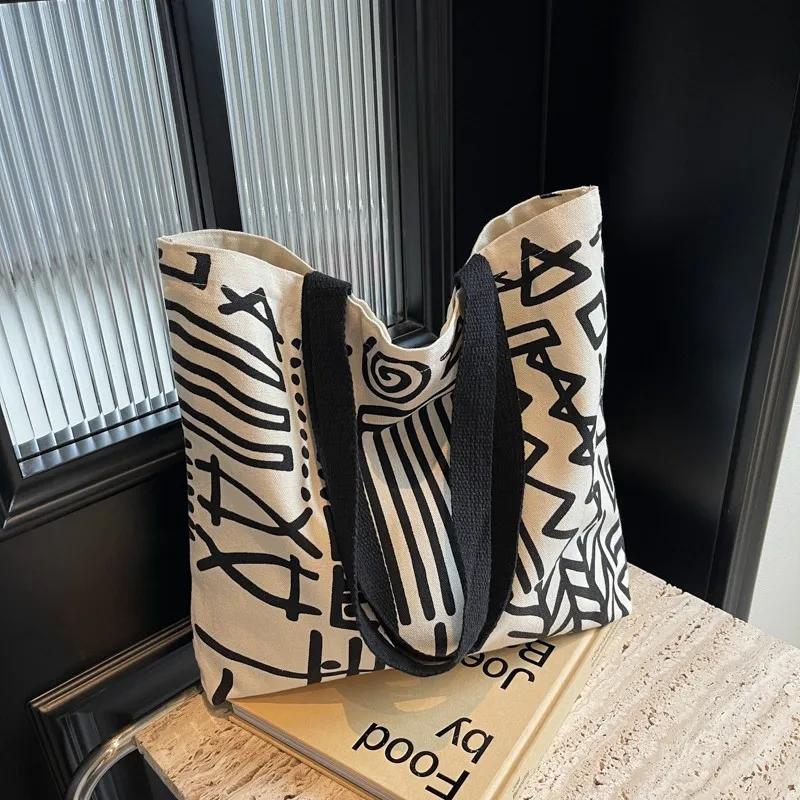 Fashion Printed Striped Canvas Bag, Large Capacity Lining Handbag, Campus Student Backpack, Youth Daily Shopping Literary Use