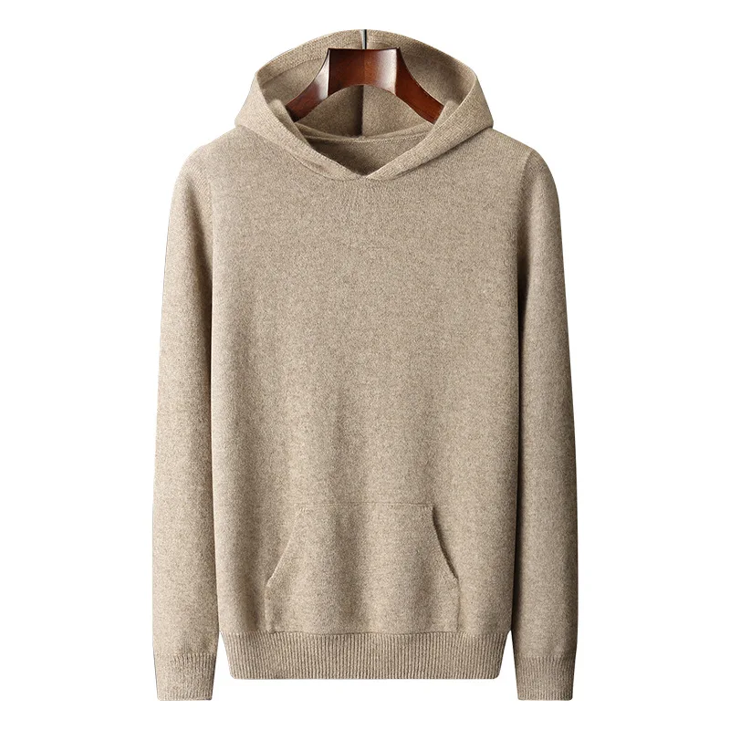 

Wholesale cashmere 2024 autumn/winter new men's short loose hooded sweaters solid color casual pullover knitwear sweaters