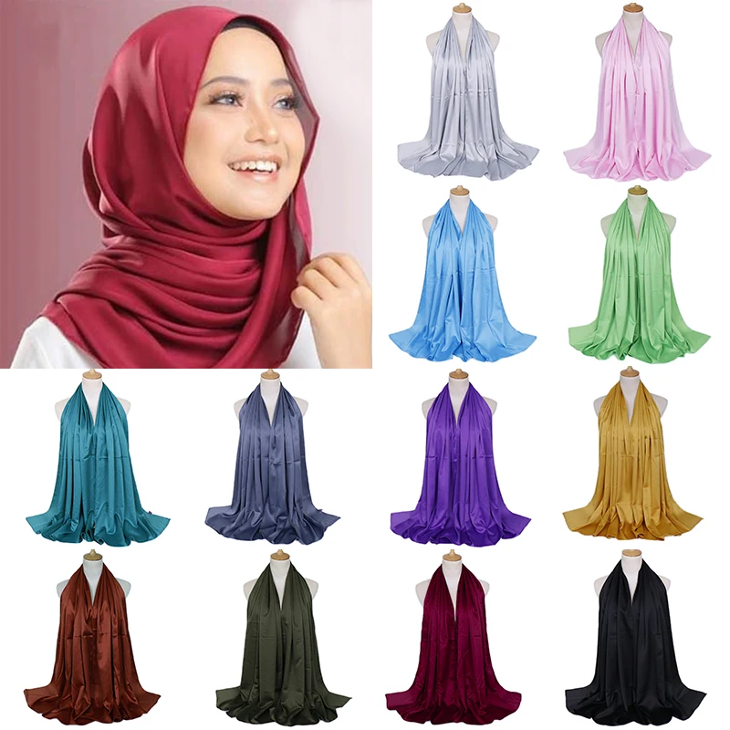 

Women Plain Silk Satin Hijab Scarf Navy Muslim woman veil Solid Color Long Shawls Women Dress Hijab Pashmina Satin Scarf Bandana