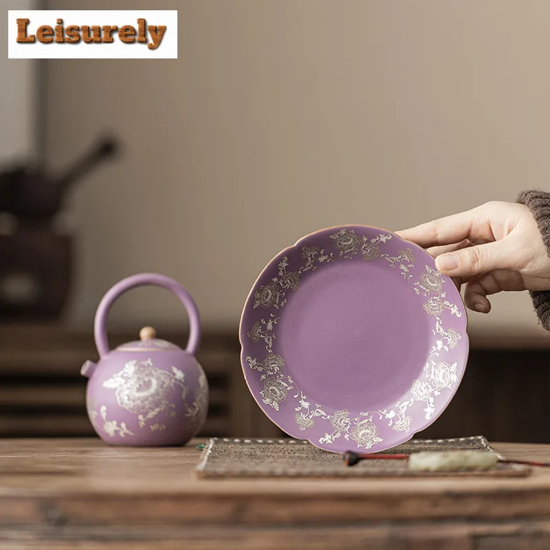 Purple Ru Kiln Gilded Silver Peony Entangled Lotus Pot Bearing Holder Teacup Holder Dry Bubble Table Tea Tray Coasters Cafes