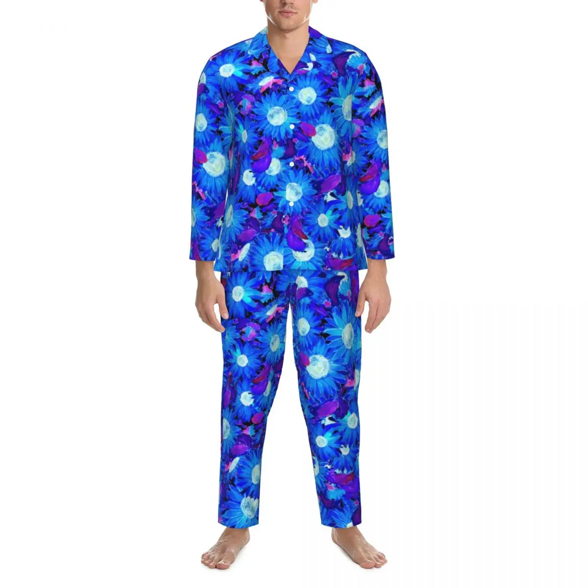 

Blue And Purple Sunflower Pajamas Men Floral Print Trendy Home Sleepwear Autumn 2 Piece Casual Oversized Pattern Pajama Sets