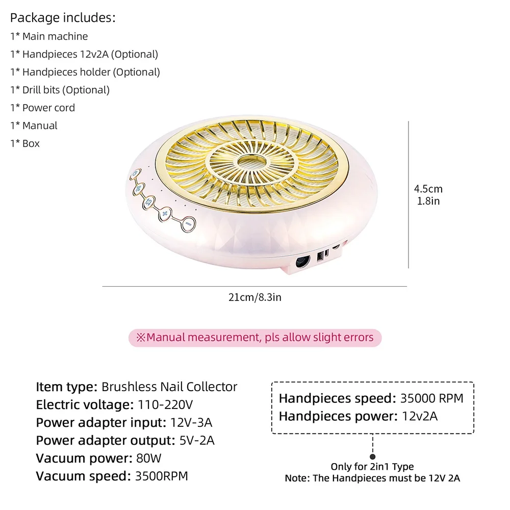 Collecteur de poussière d'ongles sans balais à faible bruit, aspiration injuste 80W, perceuse 35000 tr/min, pièce à main de manucure, aspirateur à ongles avec 2 filtres