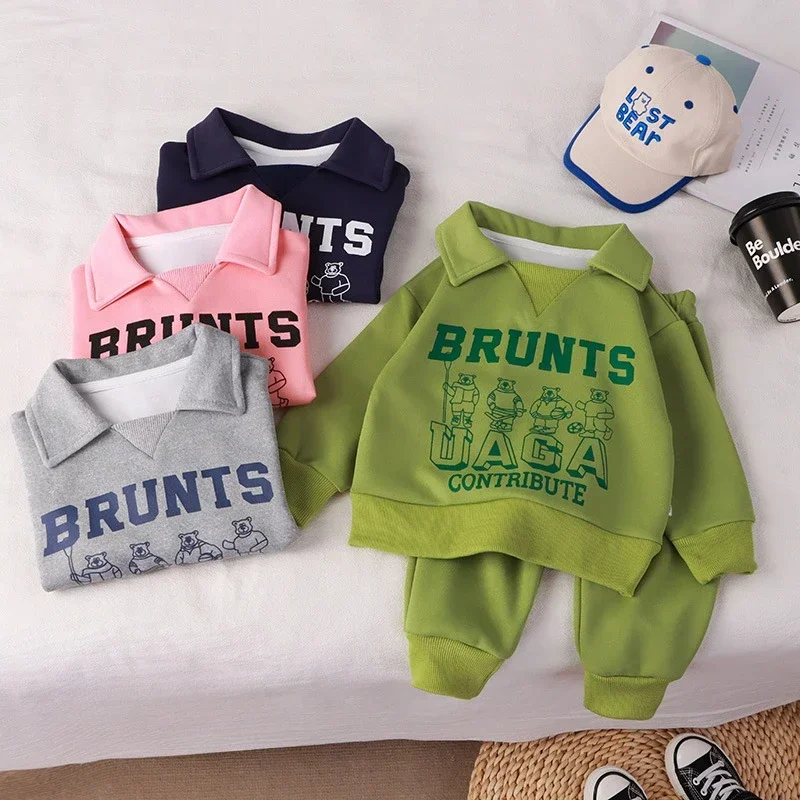 Autunno Baby Boy Girl Clothes Set Cartoon Letter Maglione Top E Pantaloni Polo Outfit Bambini 2 Pezzi Tuta Leggera Palestra Tute Sportive