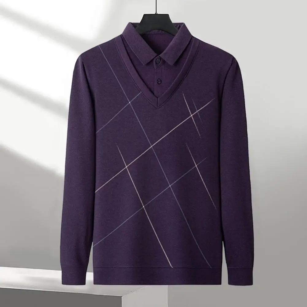 

Spring Sweater Mid-aged Men's Business Sweater with Patchwork Stripes Buttoned Lapel for Fall Winter Thick Warm Loose for Men