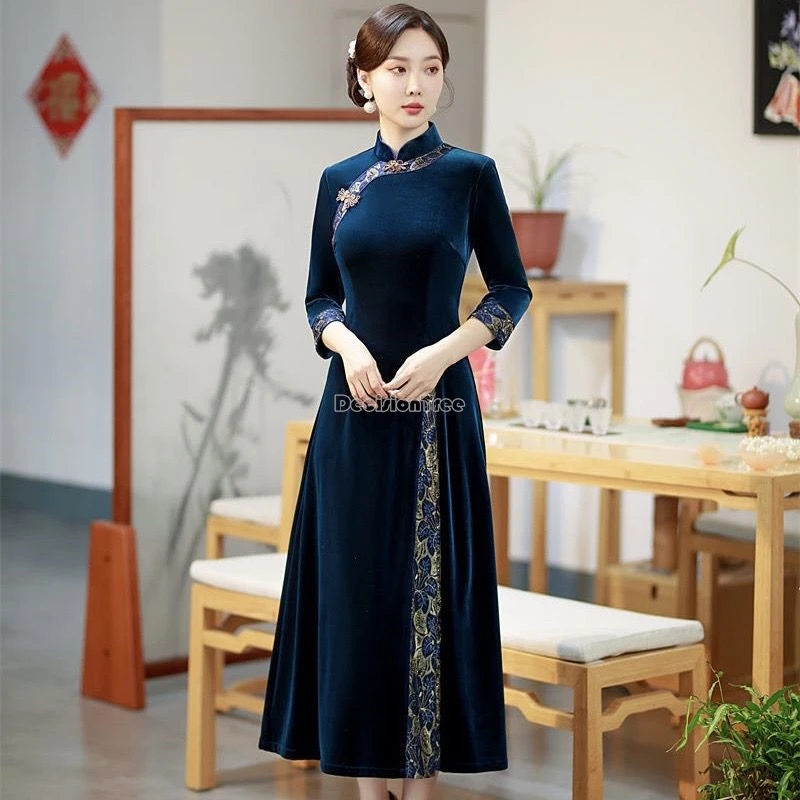 

2024 velvet improved aodai chinese cheongsam spring new elegant half sleeve stand collar women slim long women qipao dress w219