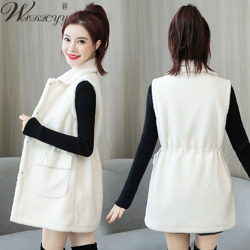 Women Lamb Wool Waistcoat 2023 Korean Fashion Turn Down Sleeveless Vest Autumn Winter Vintage Drawstring Midi-Outwear Plus Size