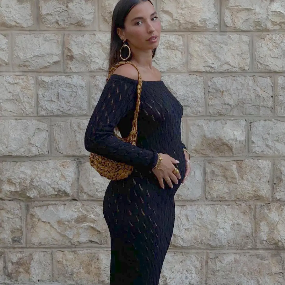 Knit Off-Shoulder Maxi Dress - Patchwork Fashion Hollow Out Knitwear Dress