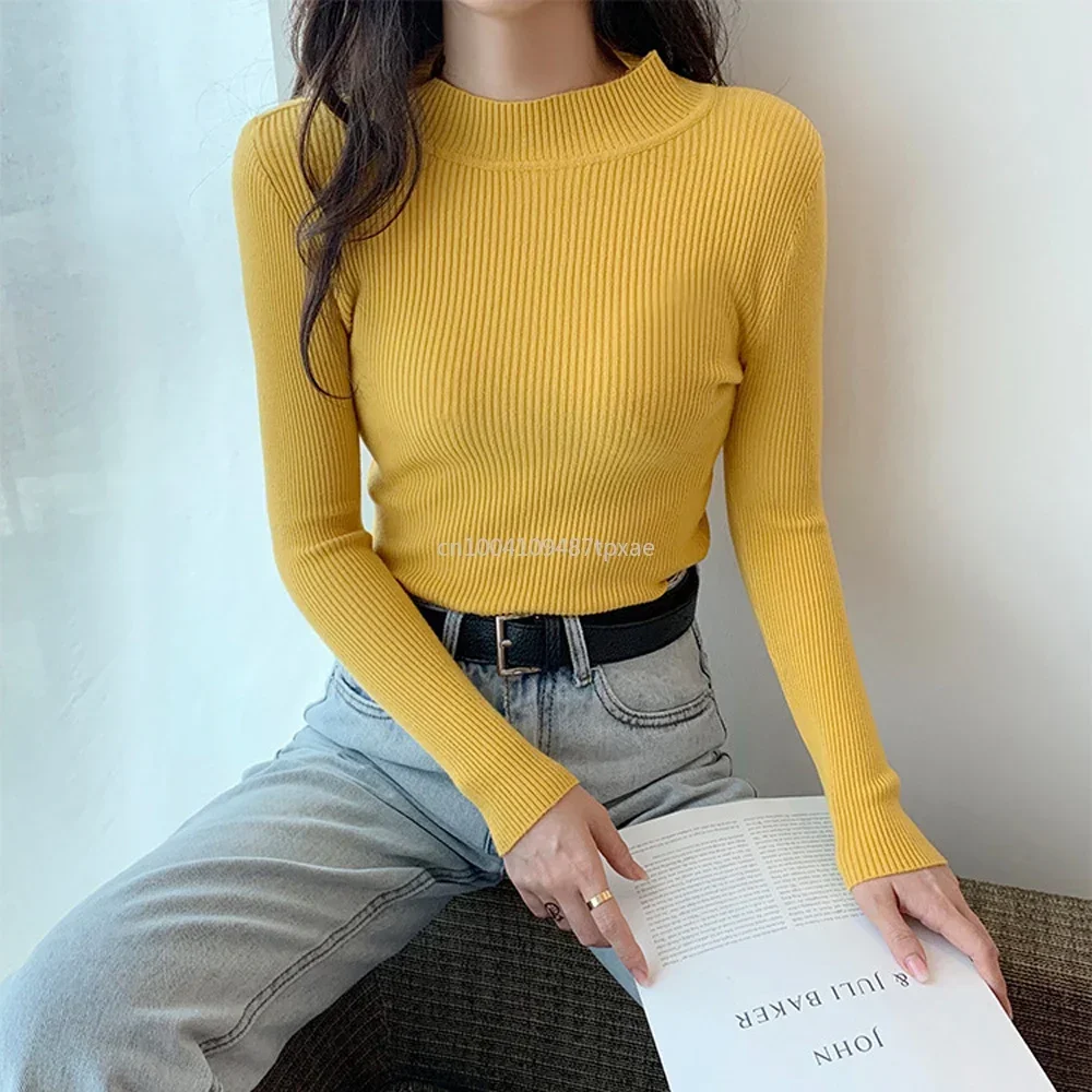 

New Spring Autumn Basic Bottoming Sweater Top Women Ribbed Soft Mock Neck Elastic Pullover Warm Solid Color Slim Jumper