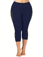 Plus Size Casual Leggings, Women's Plus Plain High Rise Contrast Mesh Capri Leggings - Image 5