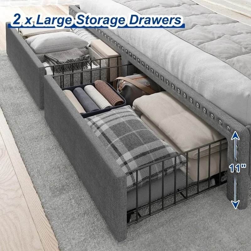 Description Picture 6 of itemZHENXIANG King Size Bed Frame with Storage and Headboard, Upholstered King Bed Frame/Storage, Grey King Bed Frame with 2 Drawers
