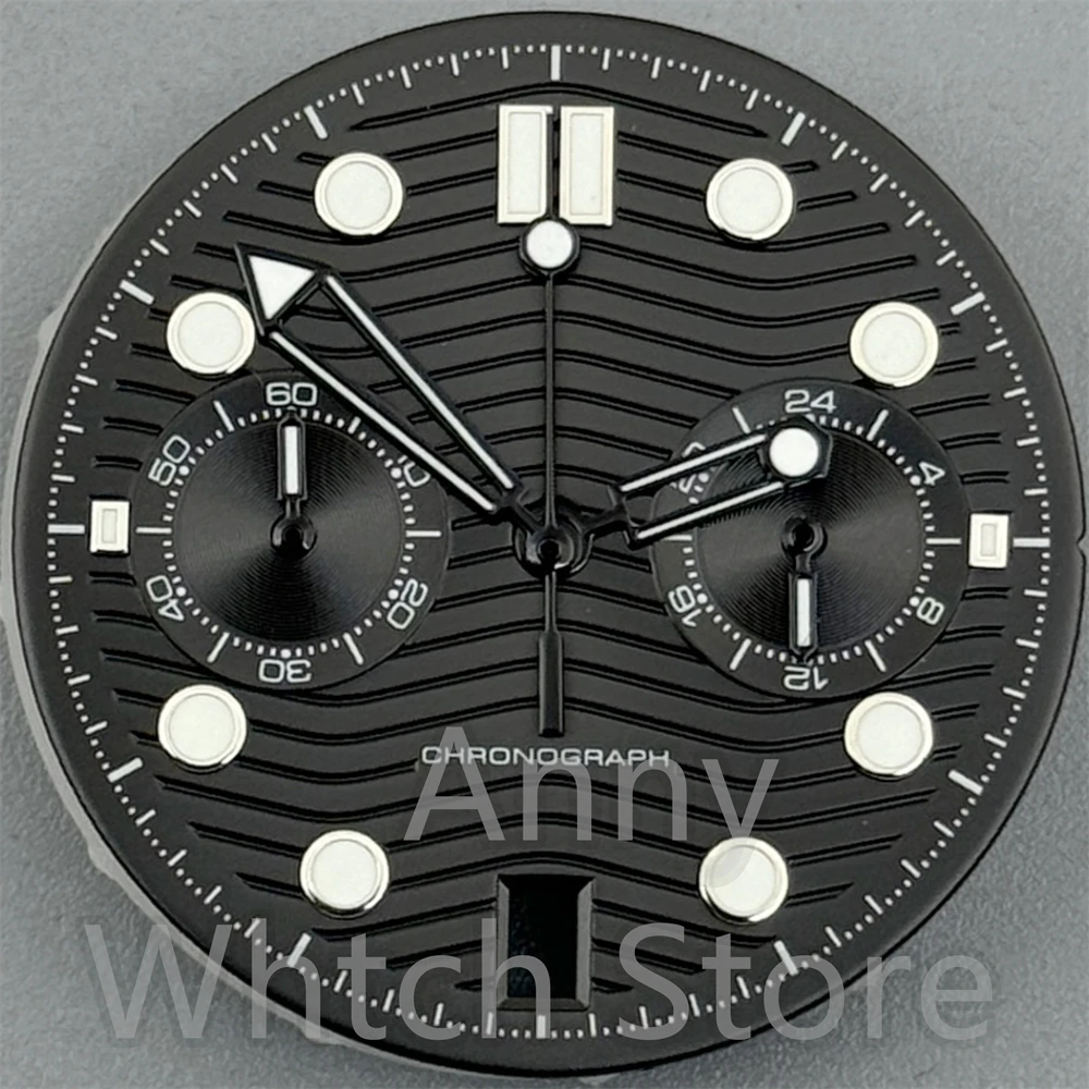 Green Luminous Chronograph Watch Dial with Date Windows, 31mm