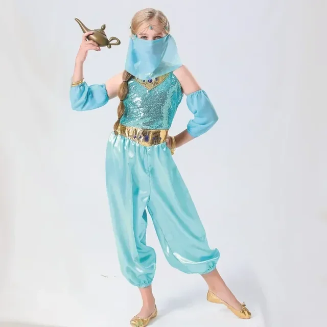 Wizland Costume Da Principessa Jasmine Per Bambine 3-4 Anni, Con Parrucca E Top Paillettes, Completo Di Pantaloni In Raso, Outfit Carnevale - 4