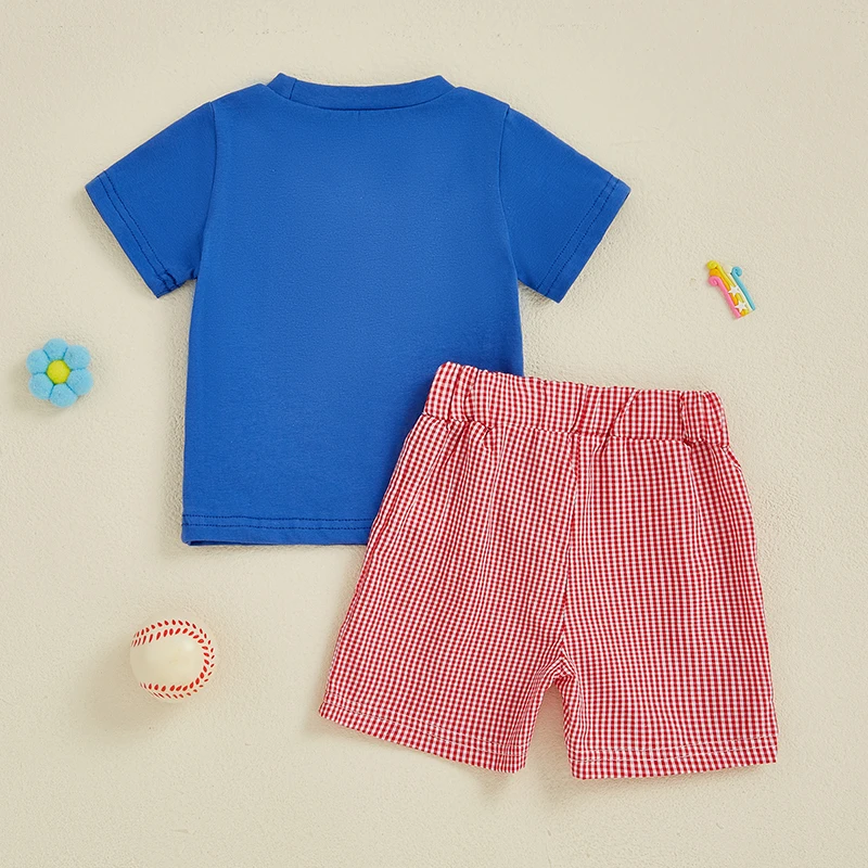 Toddler Baby Boy Summer Sporty Sets Casual Baseball Embroidery Short Sleeve T-shirts Plaid Shorts 2 Piece Kids Activewear Outfit