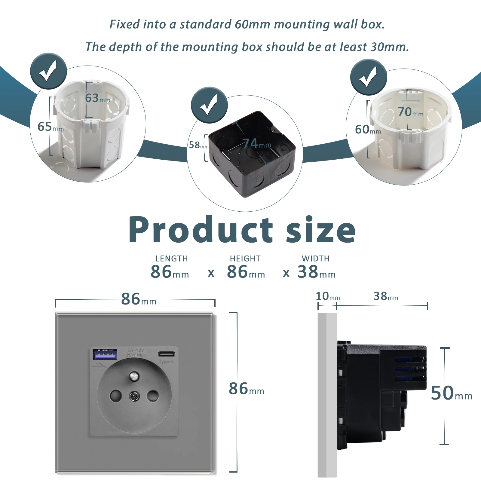 BSEED 20W 단일 프랑스어 소켓(Type-c USB 이중 고속 충전 USB 소켓) 삼중 벽 전원 콘센트 유리 프레임 16A