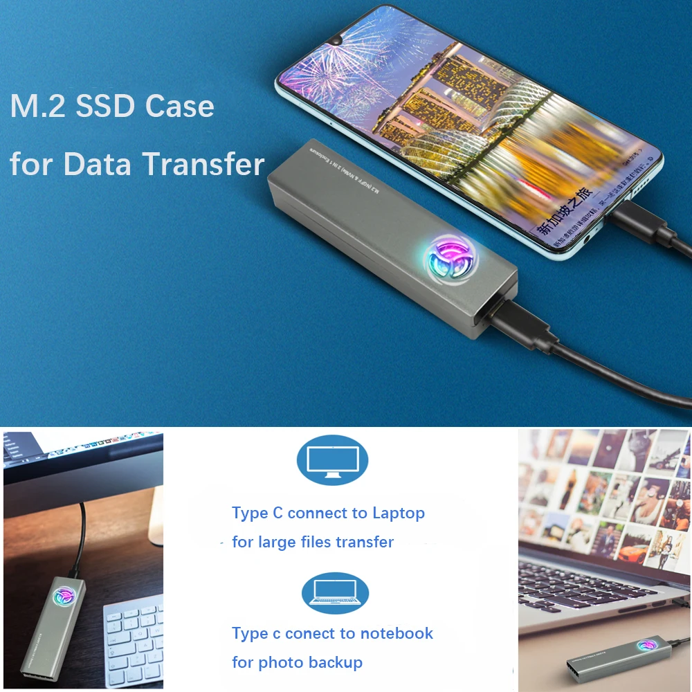 10Gbps M.2 NVMe SSD Case with Built-in Cooling Fan Type C M2 SSD Enclosure Dual Protocol for M.2 M key 2230 2242 2260 2280 external hard drive case,ssd enclosure
