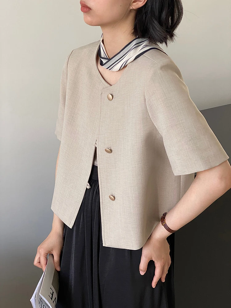 [LANMREM] Minimalism Short Sleeve Blazers For Women Round Neck Single Breasted Office Lady Loose Jackets 2024 Summer New 26D9145