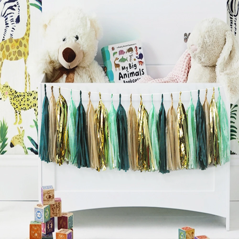 Mint Green Gold Brown Paper Tassel Garlands Wild One First Spring Forest Birthday Party Baby Shower Wedding Hanging Decorations