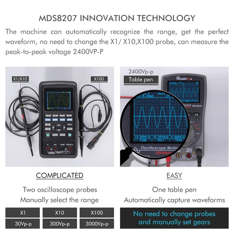 MUSTOOL MDS8207 Digital Oscilloscope Multimeter 200MS/s Sampling Rate 400MHz Analog Bandwidth 6000 Counts Graphical Oscilloscope 5
