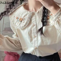 Chemises à col claudine à manches longues pour femmes, chemisiers mignons, broderie florale, coton, mode, 2025 1