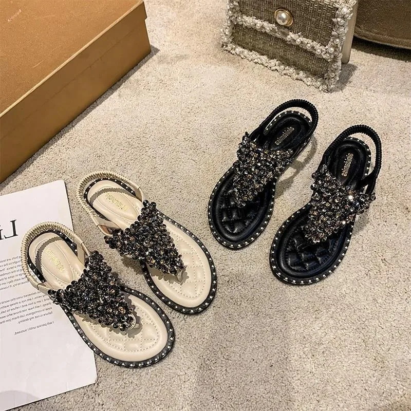 Fashion Sandals Women's Flat Bottom Beaded Fairy Style Roman Shoes Large Size Elegant Ladies Rhinestone Slippers