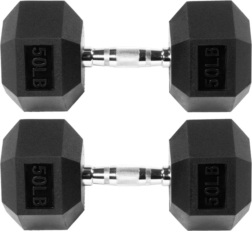 Rubber Encased Hex Dumbbell Multiple Sizes Hexagon shape rubber encased heads help prevent rolling and provide easier storage