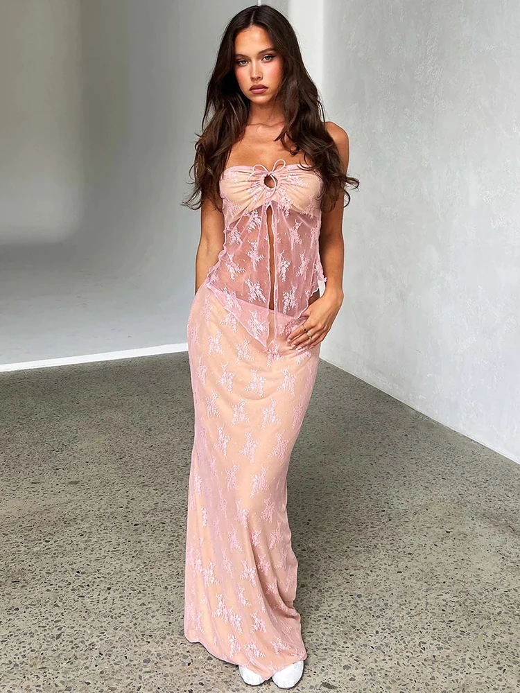 2023 Lace Print Sexy Dress Set Women Strapless Crop Top And Long Skirt Matching Sets Female Night Club Party Two Piece Set