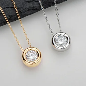 1CT Round Bezel Setting Moissanite Pendant Necklace For Women 925 Sterling Silver With GAR Clavicle Bubble Chain Jewelry