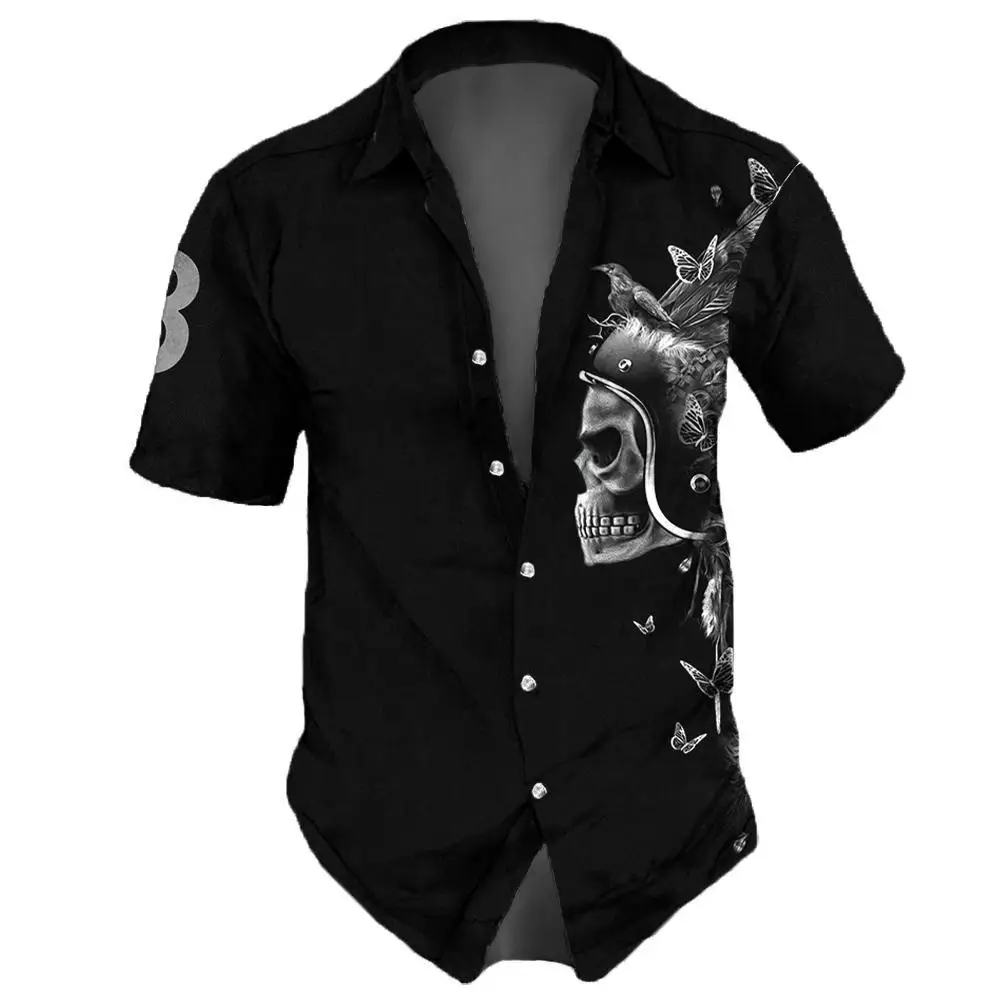 2023 Skull  Men's Shirts Lapel Streetwear Vintage Shirt For Men Street Hip Hop Short Sleeve Top Party Summer Men Hawaiian Shirts 2